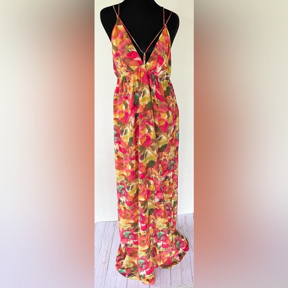 BB DAKOTA Strappy Floral Maxi Dress Size Large 60” Long Colorful Beachy Resort